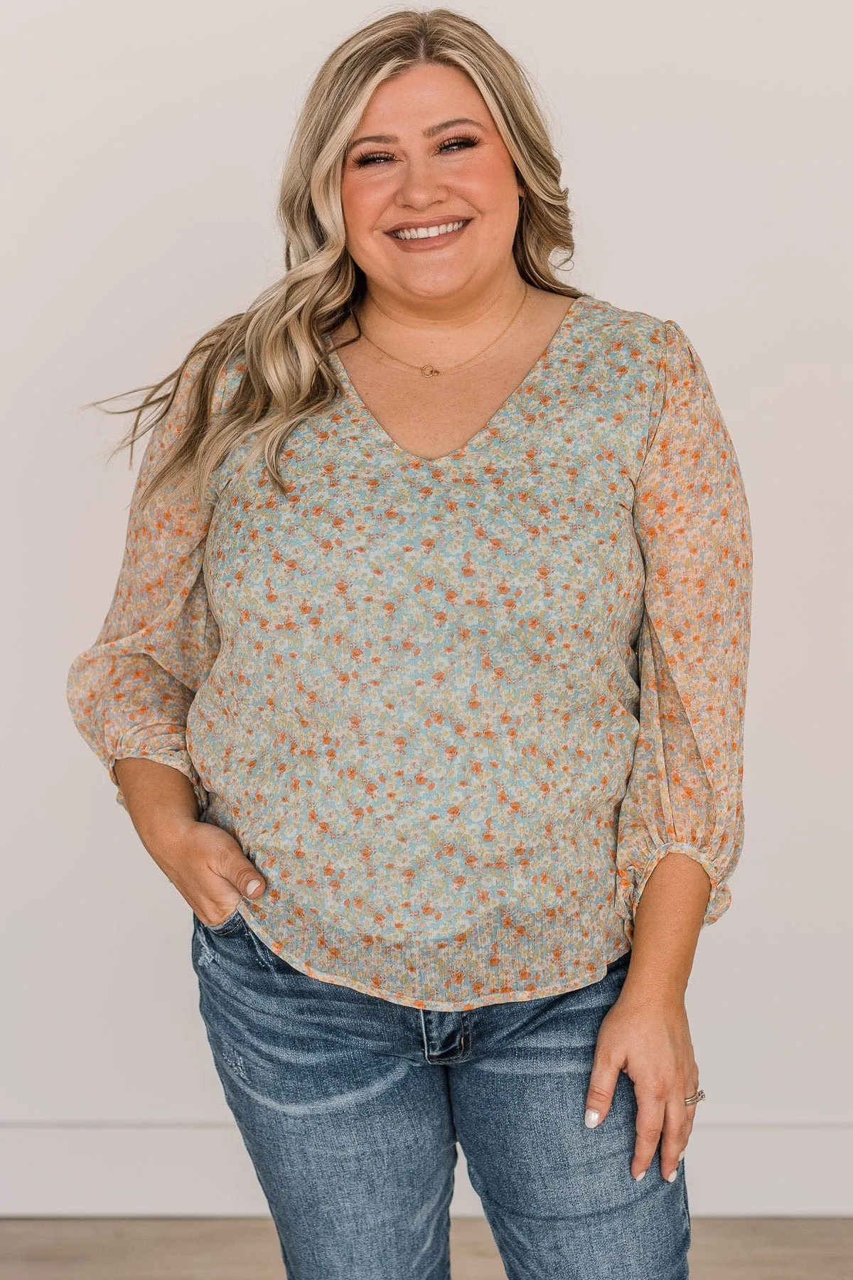 Make It Memorable Floral Blouse- Dusty Blue & Light Yellow