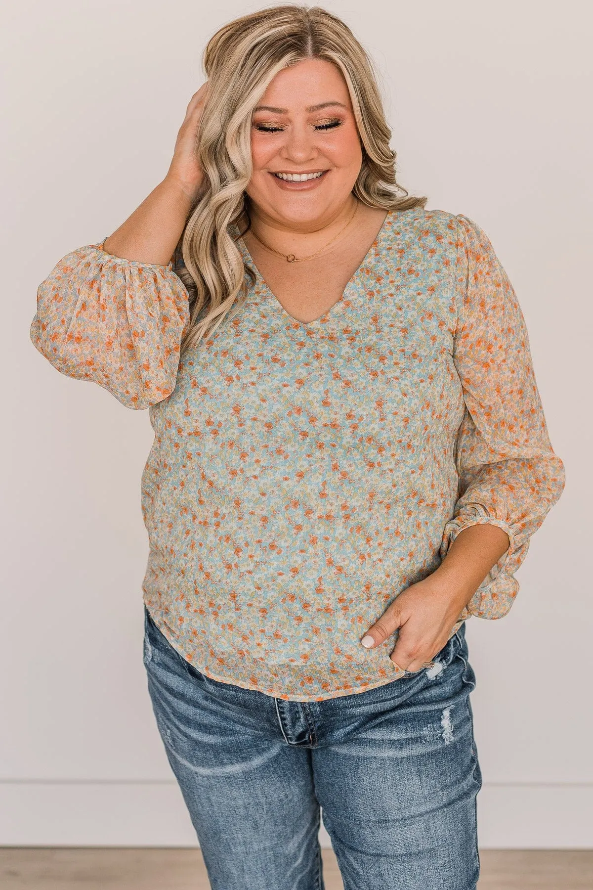 Make It Memorable Floral Blouse- Dusty Blue & Light Yellow