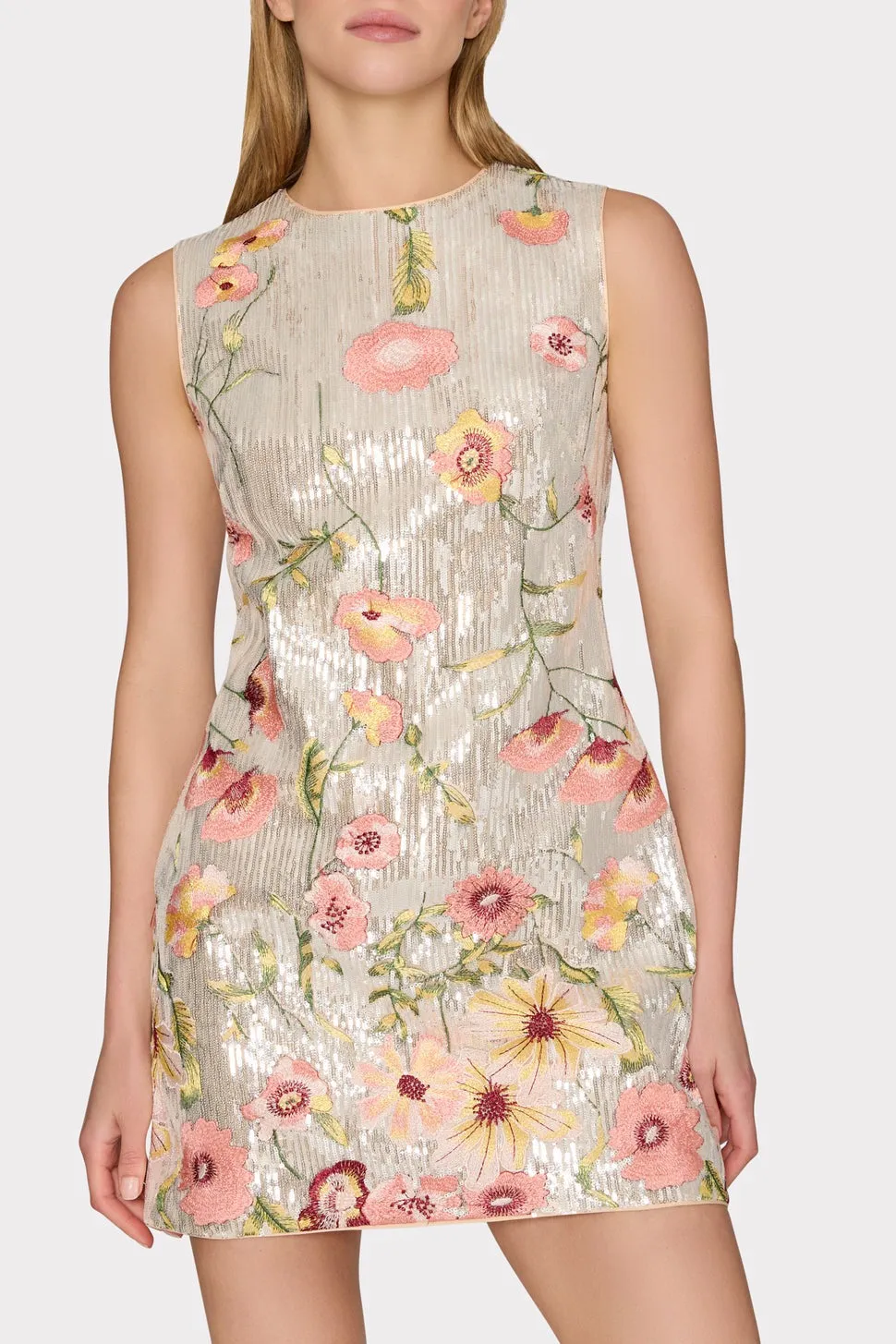 Milly Ivette Floral Sequins Embroidery Dress in Silver Multi
