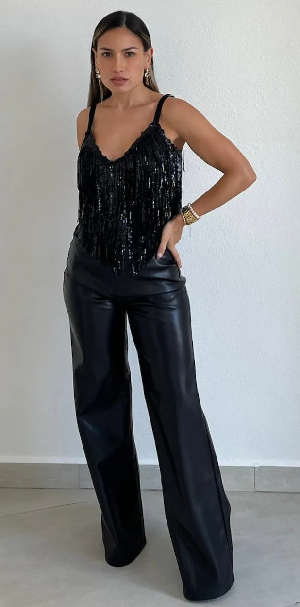 More than Iconic Black Sequins & Fringe Top