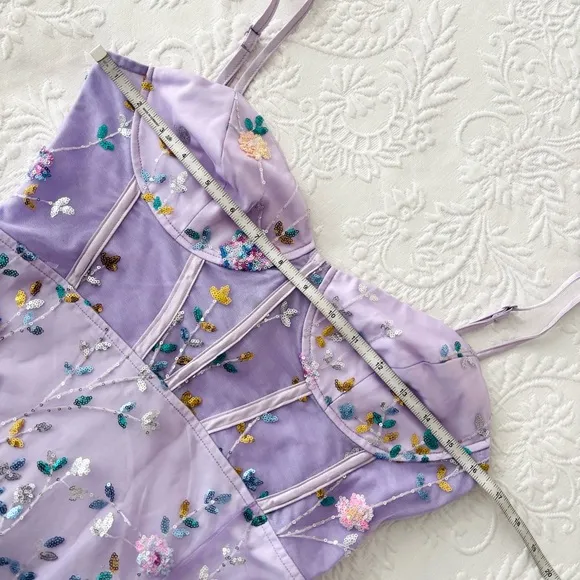 NWOT Lulus Shimmering Beauty Lavender Mesh Sequin Bustier Mini Dress Small