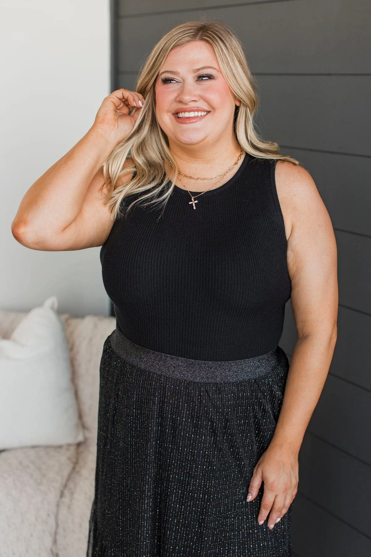 Off To Brunch Ribbed Knit Bodysuit- Black