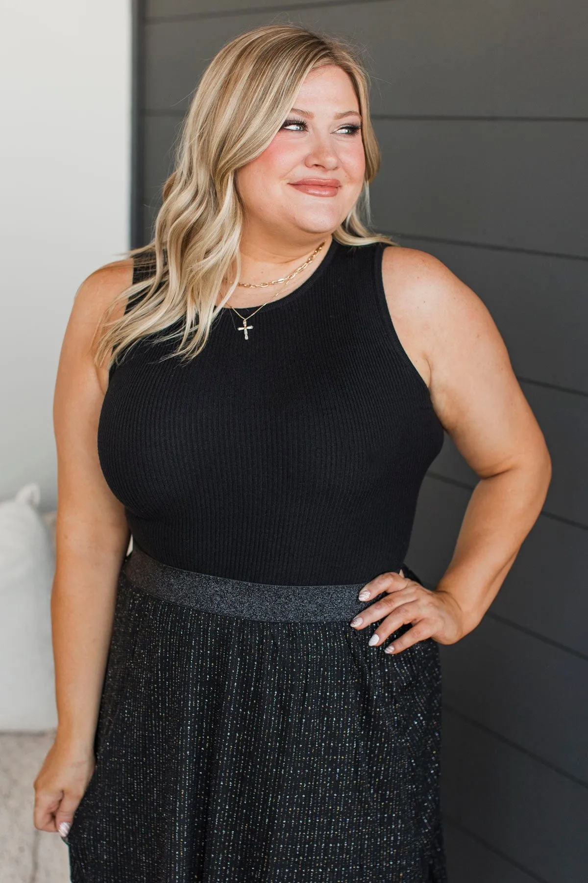 Off To Brunch Ribbed Knit Bodysuit- Black