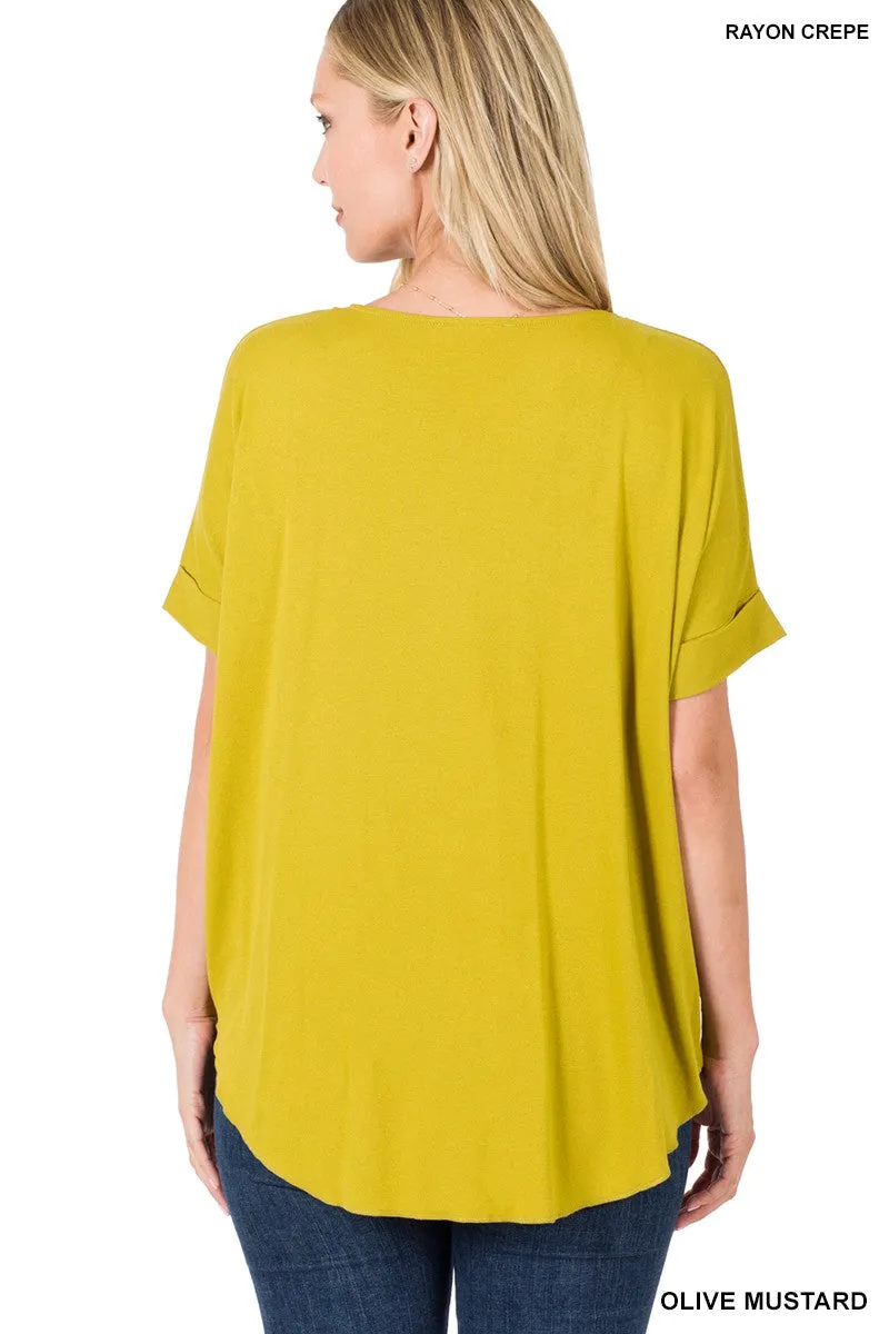 Olive Mustard Crepe Layered Draped Front Zenana Top 11/17/24 9224