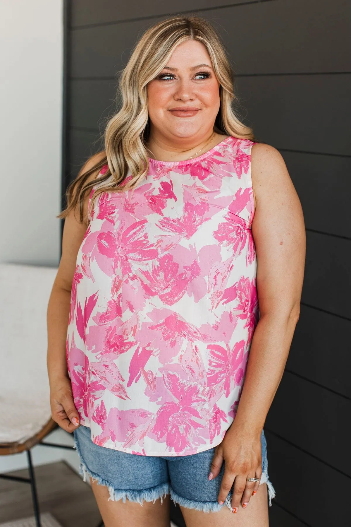 Only Love You Floral Tank Top- Ivory & Bright Pink