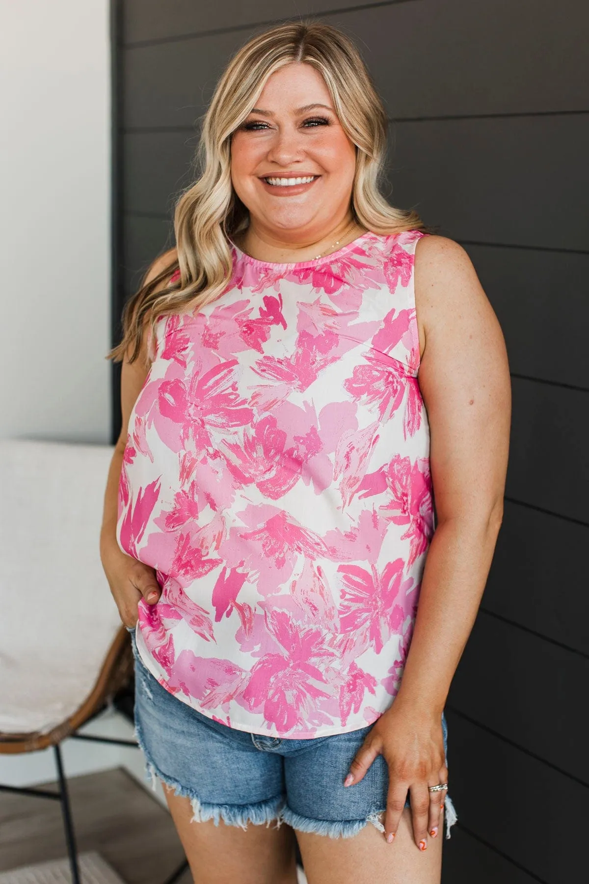 Only Love You Floral Tank Top- Ivory & Bright Pink