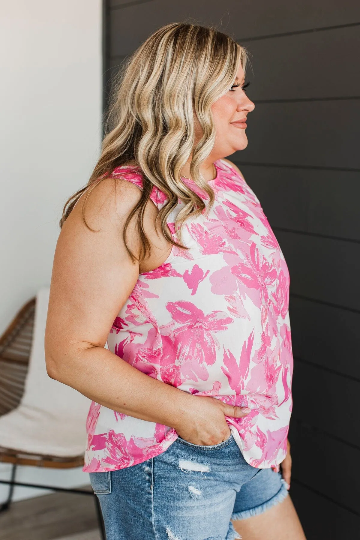 Only Love You Floral Tank Top- Ivory & Bright Pink