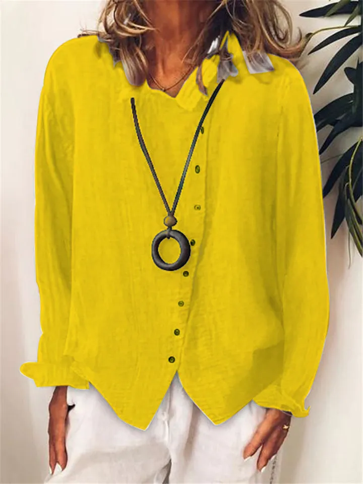 Oversized Style Classic Collar Asymmetric Button Fastening Cotton Linen Blouse