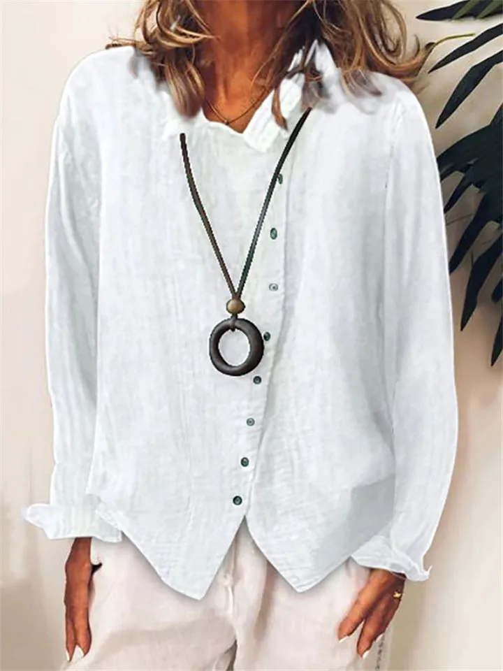 Oversized Style Classic Collar Asymmetric Button Fastening Cotton Linen Blouse