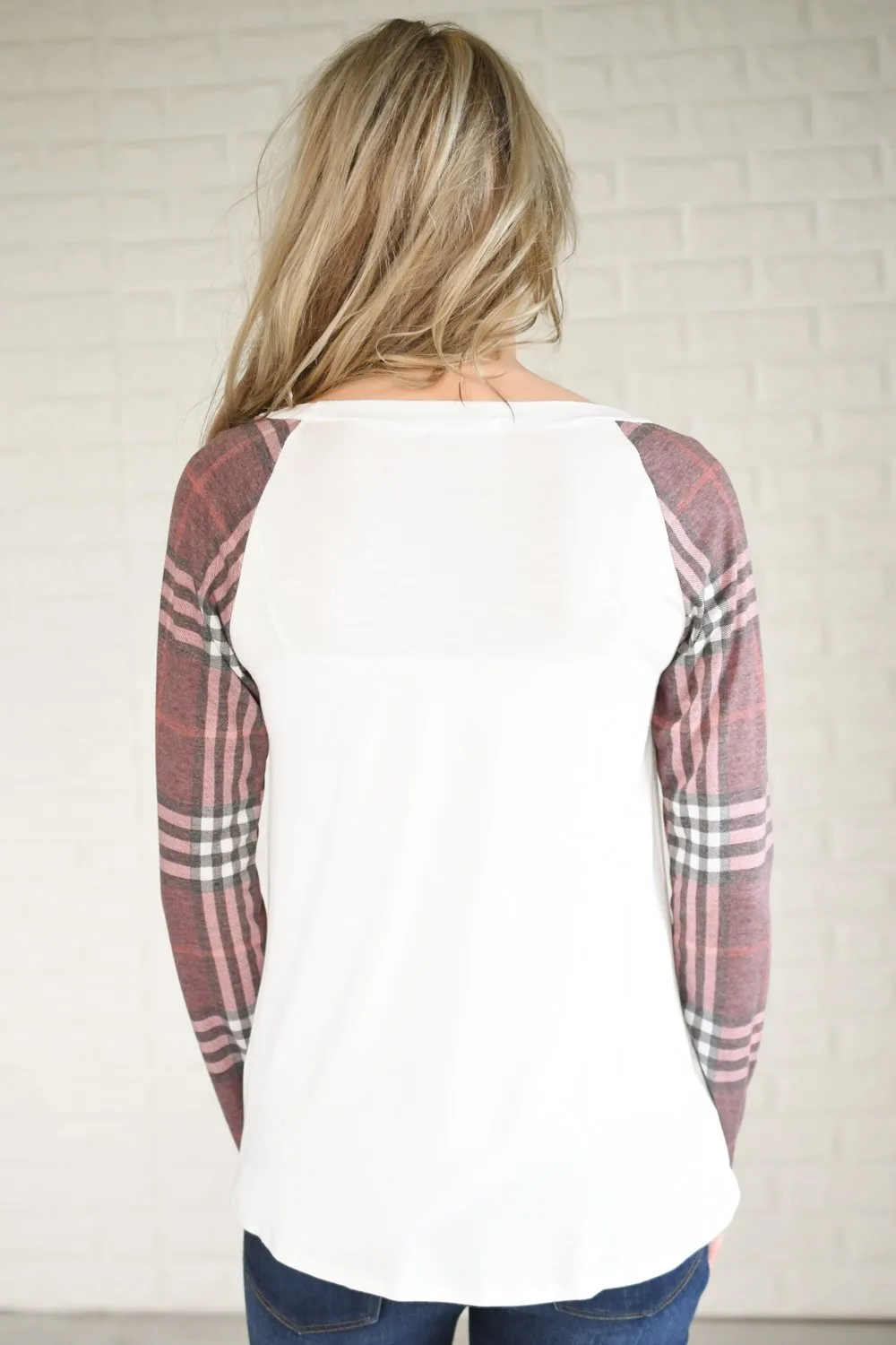 Plaid Sleeve Raglan Top ~ Shades of Pink