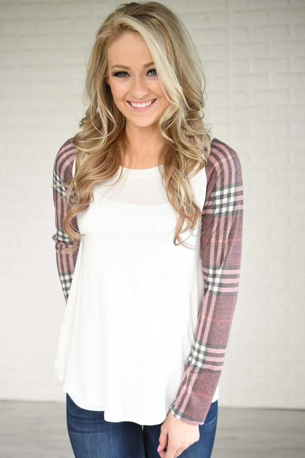 Plaid Sleeve Raglan Top ~ Shades of Pink