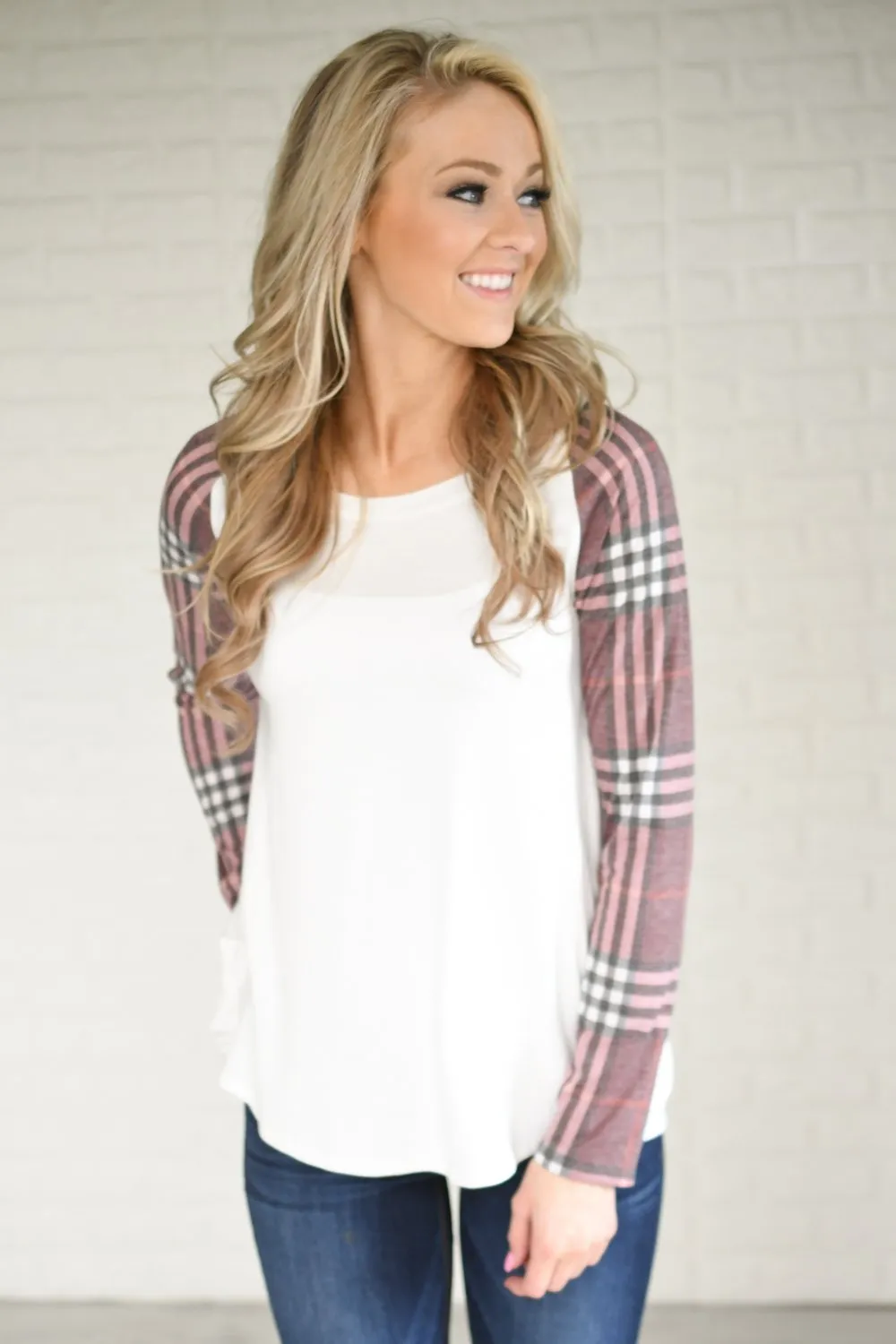 Plaid Sleeve Raglan Top ~ Shades of Pink