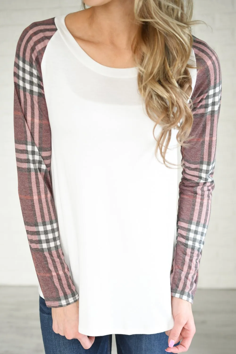 Plaid Sleeve Raglan Top ~ Shades of Pink