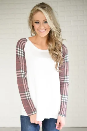 Plaid Sleeve Raglan Top ~ Shades of Pink