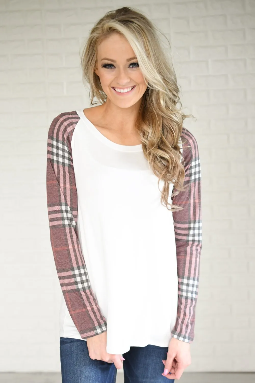Plaid Sleeve Raglan Top ~ Shades of Pink