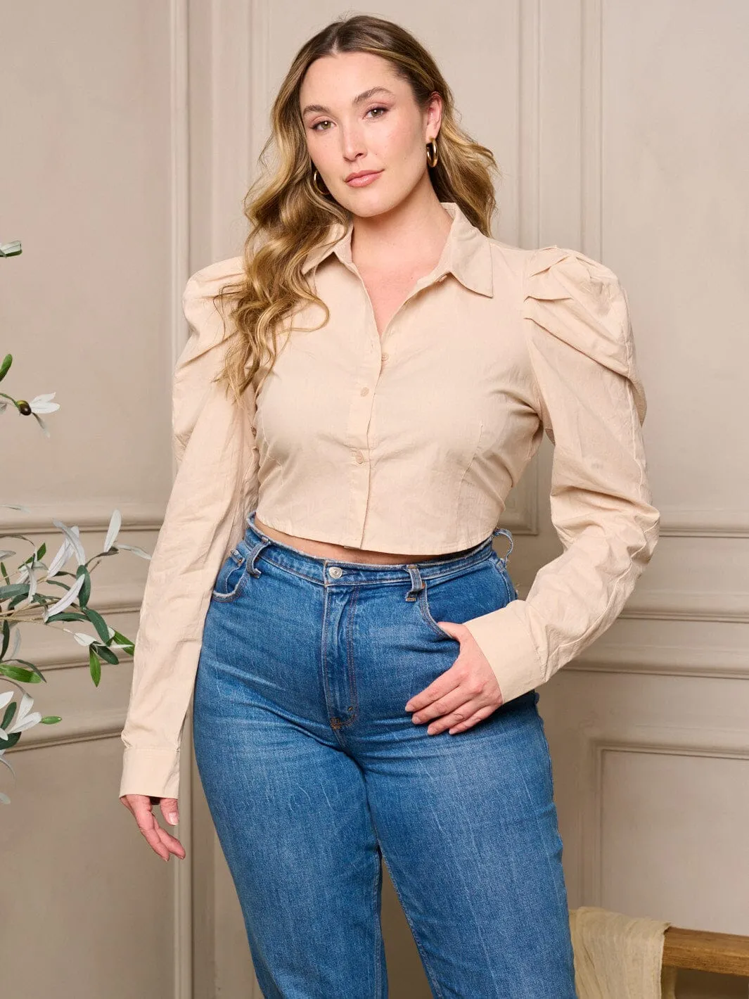 PLUS SIZE LONG PUFF SLEEVE BUTTON UP BLOUSE CROP TOP