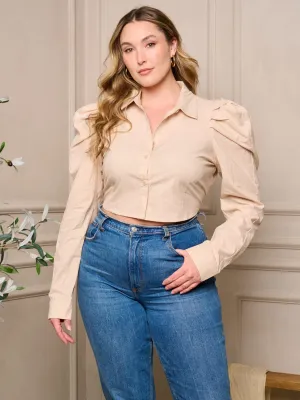PLUS SIZE LONG PUFF SLEEVE BUTTON UP BLOUSE CROP TOP