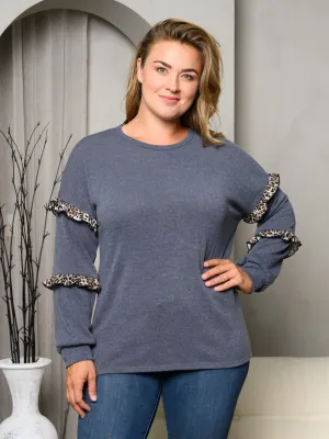 PLUS SIZE LONG RUFFLE SLEEVE ANIMAL PRINT DETAILED TOP