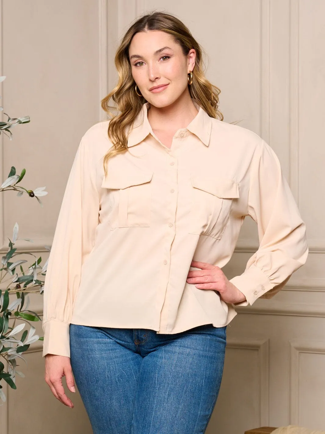 PLUS SIZE LONG SLEEVE BUTTON UP BLOUSE TOP
