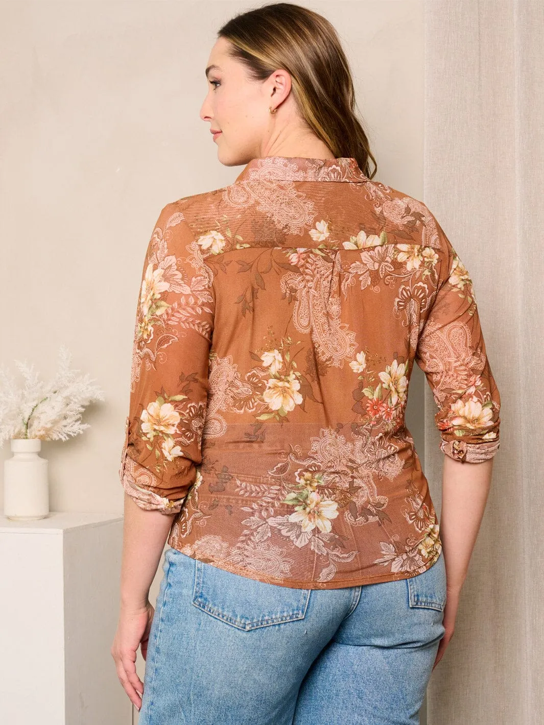 PLUS SIZE LONG SLEEVE BUTTON UP FLORAL PRINT BLOUSE TOP