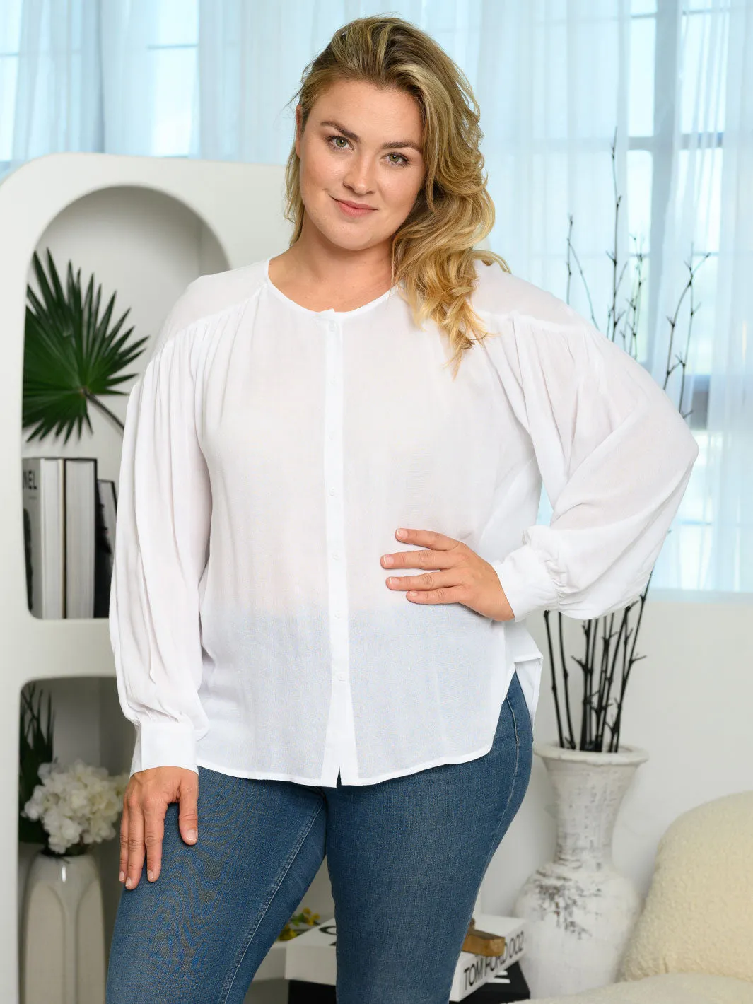 PLUS SIZE LONG SLEEVE BUTTON UP TUNIC TOP