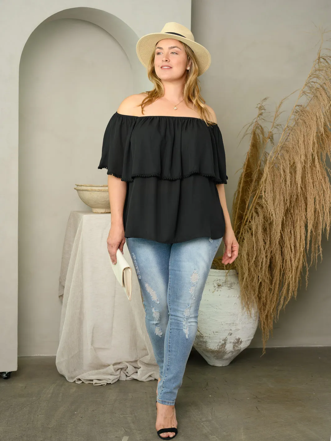 PLUS SIZE OFF SHOULDER RUFFLE TOP