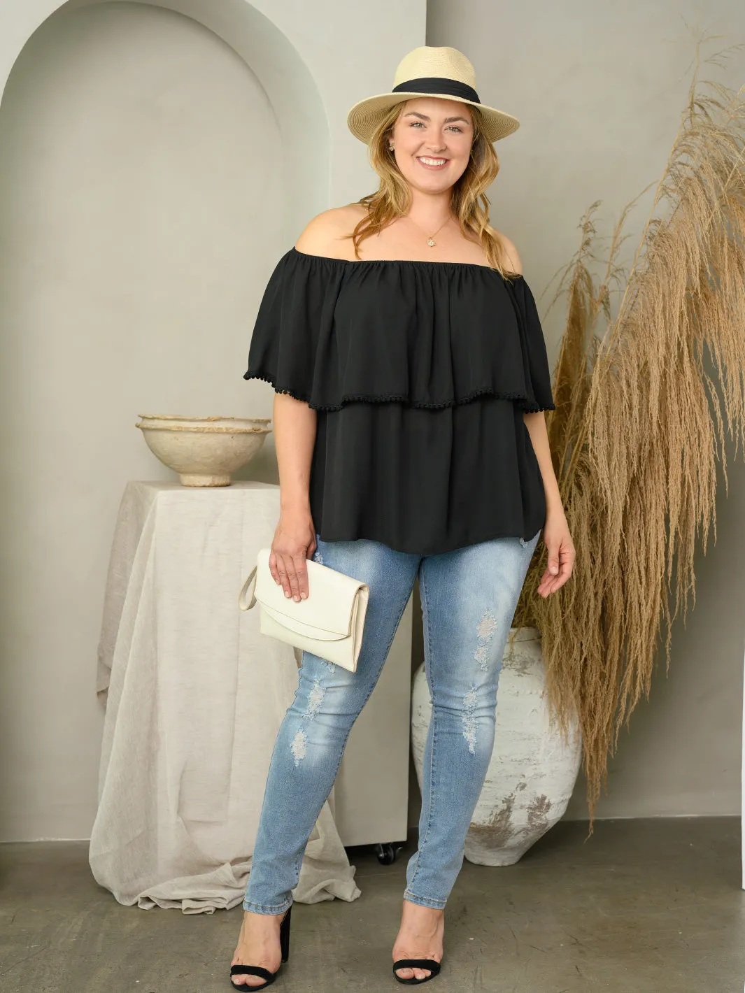 PLUS SIZE OFF SHOULDER RUFFLE TOP