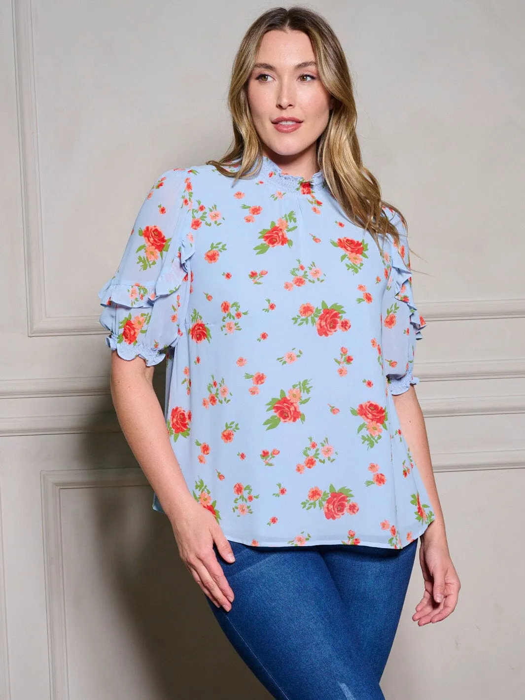 PLUS SIZE SHORT RUFFLE SLEEVE MOCK NECK FLORAL BLOUSE TOP