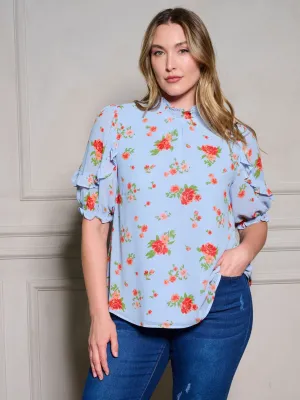 PLUS SIZE SHORT RUFFLE SLEEVE MOCK NECK FLORAL BLOUSE TOP