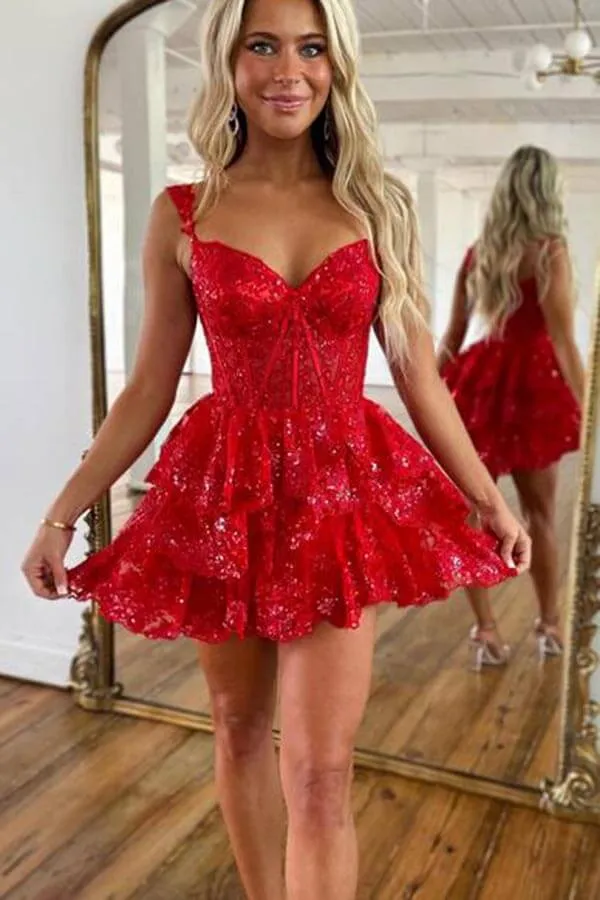 Red A-line V-neck Homecoming Dresses With Ruffle Skirt, Graduation Dress, MH608