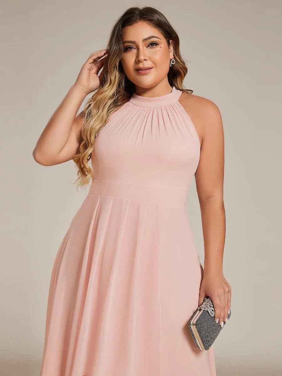Robe d'invité de mariage mi-longue sans manches et col licou en mousseline de soie