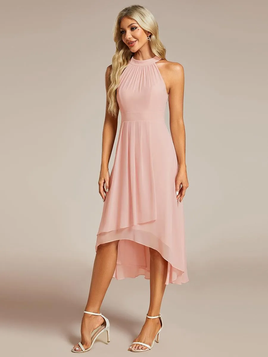 Robe d'invité de mariage mi-longue sans manches et col licou en mousseline de soie