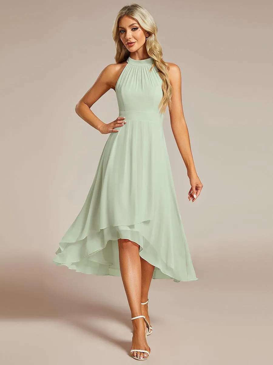 Robe d'invité de mariage mi-longue sans manches et col licou en mousseline de soie