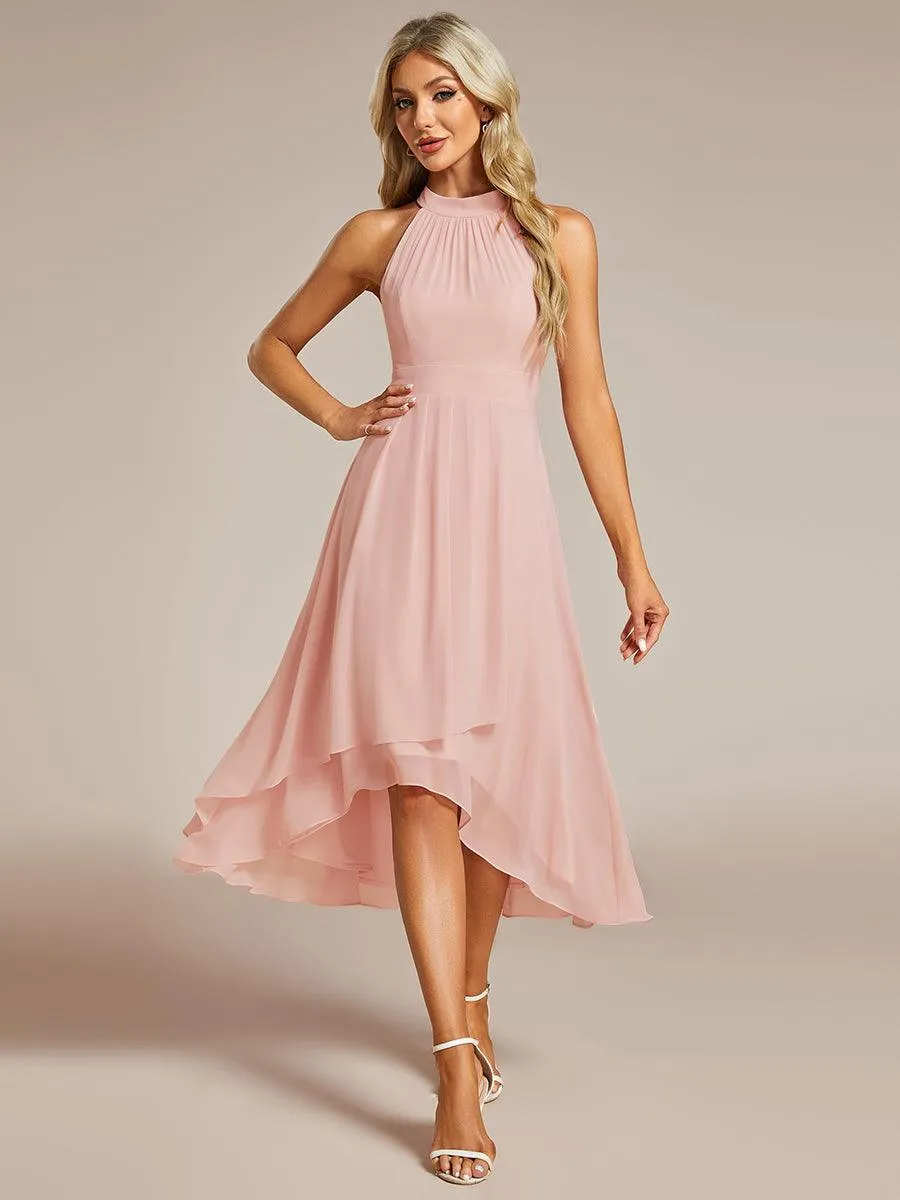 Robe d'invité de mariage mi-longue sans manches et col licou en mousseline de soie