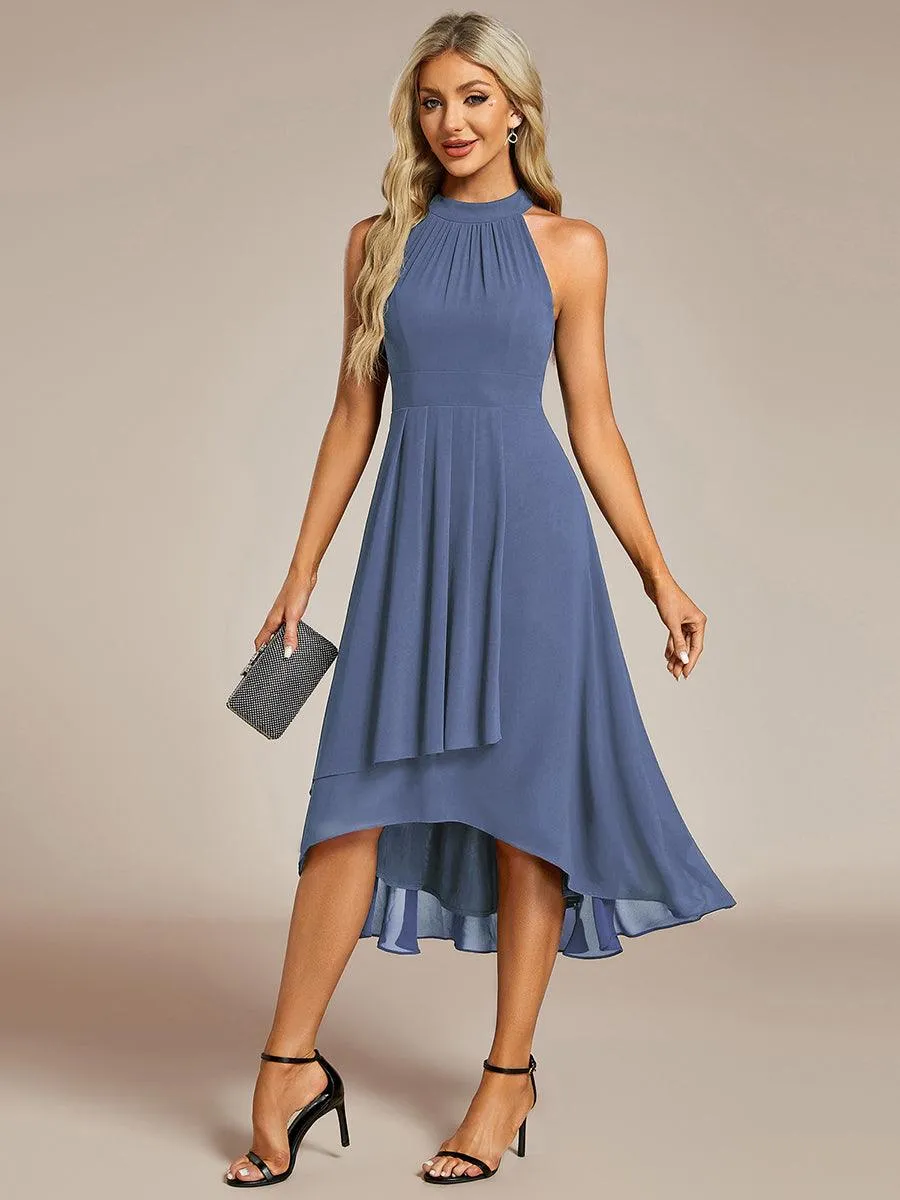 Robe d'invité de mariage mi-longue sans manches et col licou en mousseline de soie