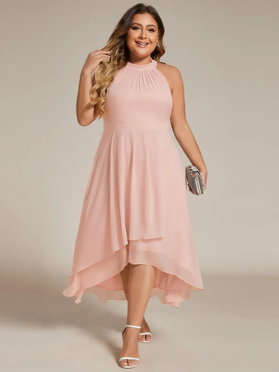 Robe d'invité de mariage mi-longue sans manches et col licou en mousseline de soie