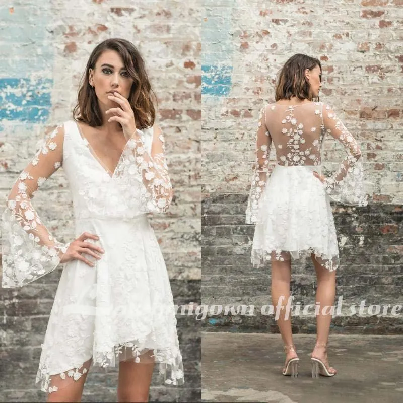 Roycebridal Simple New A-Line Lace Short Knee Length Sheer Wedding Dresses