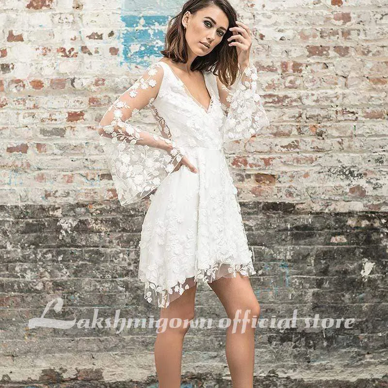 Roycebridal Simple New A-Line Lace Short Knee Length Sheer Wedding Dresses