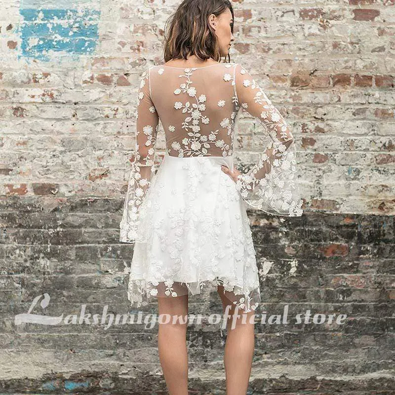 Roycebridal Simple New A-Line Lace Short Knee Length Sheer Wedding Dresses