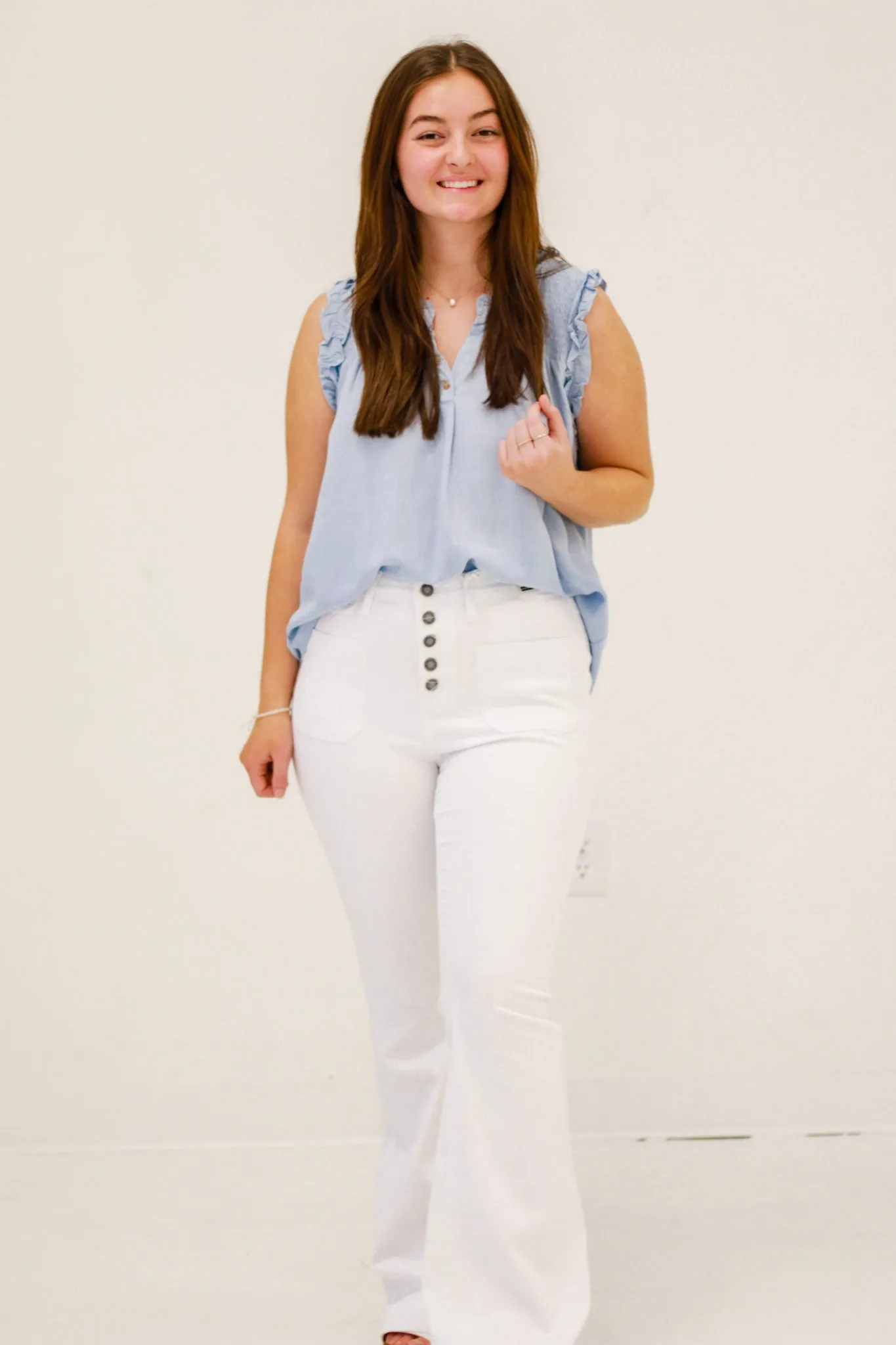 Ruffle Me That Blouse in Chambray
