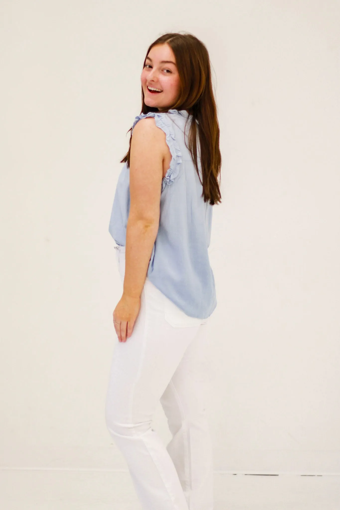 Ruffle Me That Blouse in Chambray