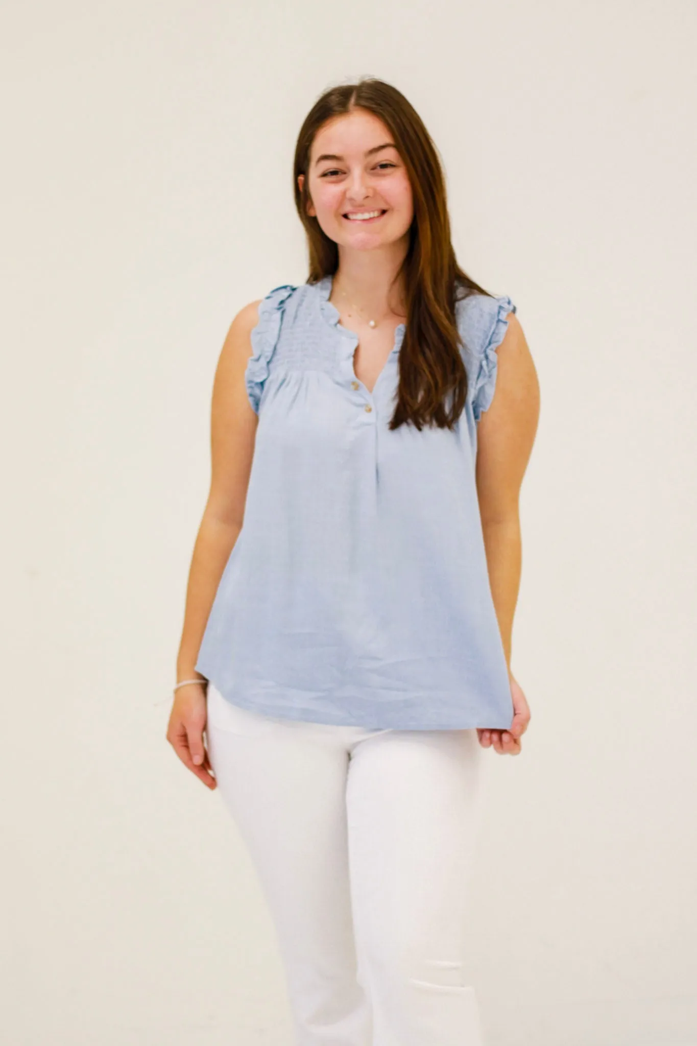 Ruffle Me That Blouse in Chambray