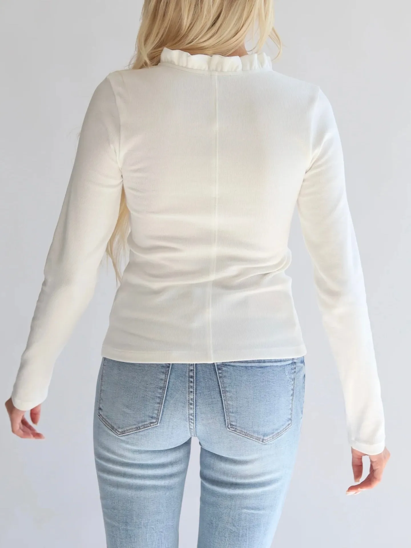 Ruffle Neck Ribbed Top - Off White