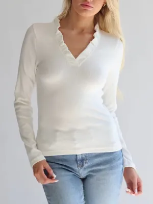 Ruffle Neck Ribbed Top - Off White