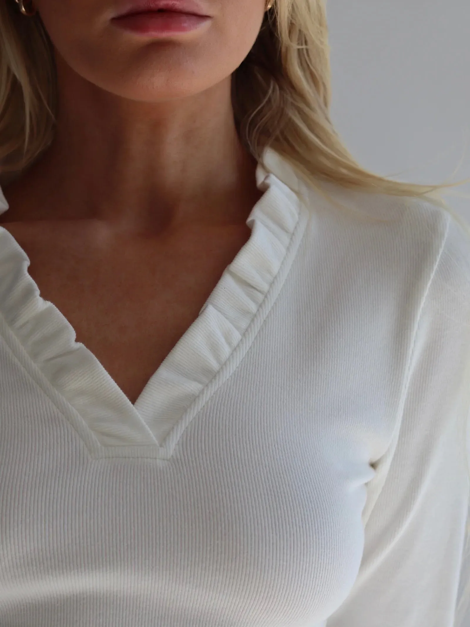 Ruffle Neck Ribbed Top - Off White