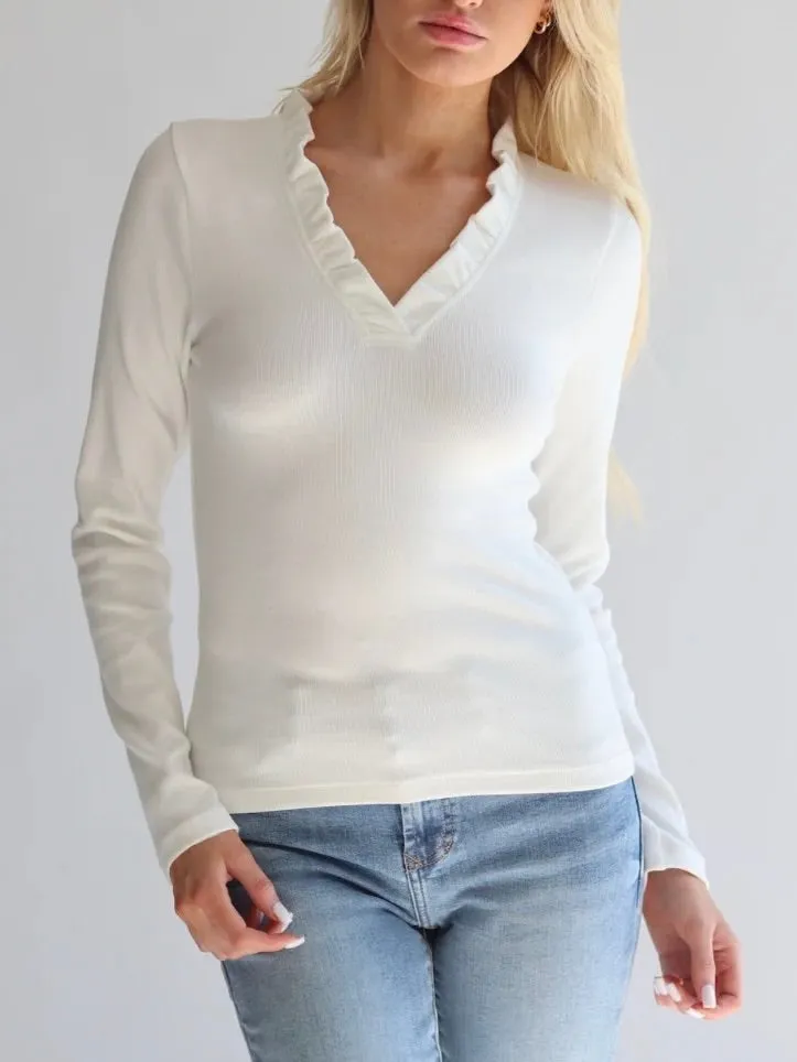 Ruffle Neck Ribbed Top - Off White