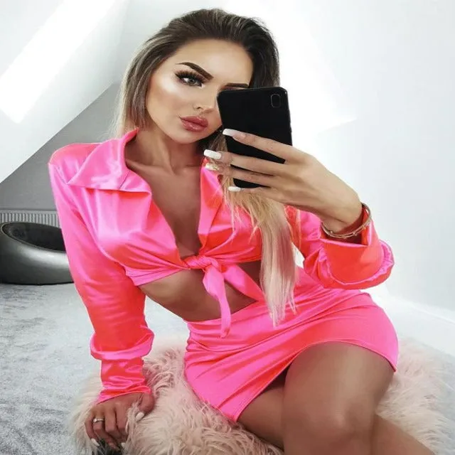 Sassy Tie Front Crop Top Skirt Set