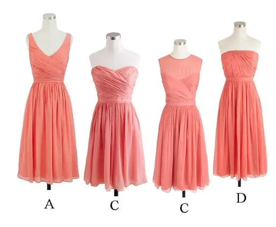 short coral bridesmaid dresses mismatched chiffon knee length cheap custom wedding guest dresses