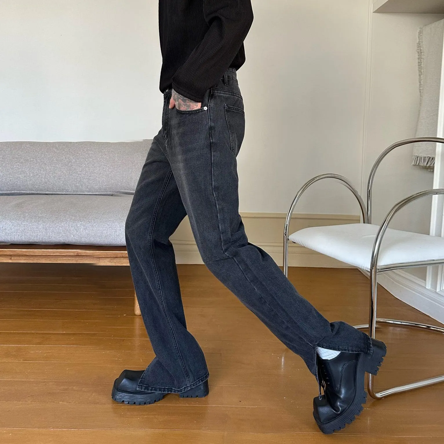 Side Slit Straight Leg Jeans