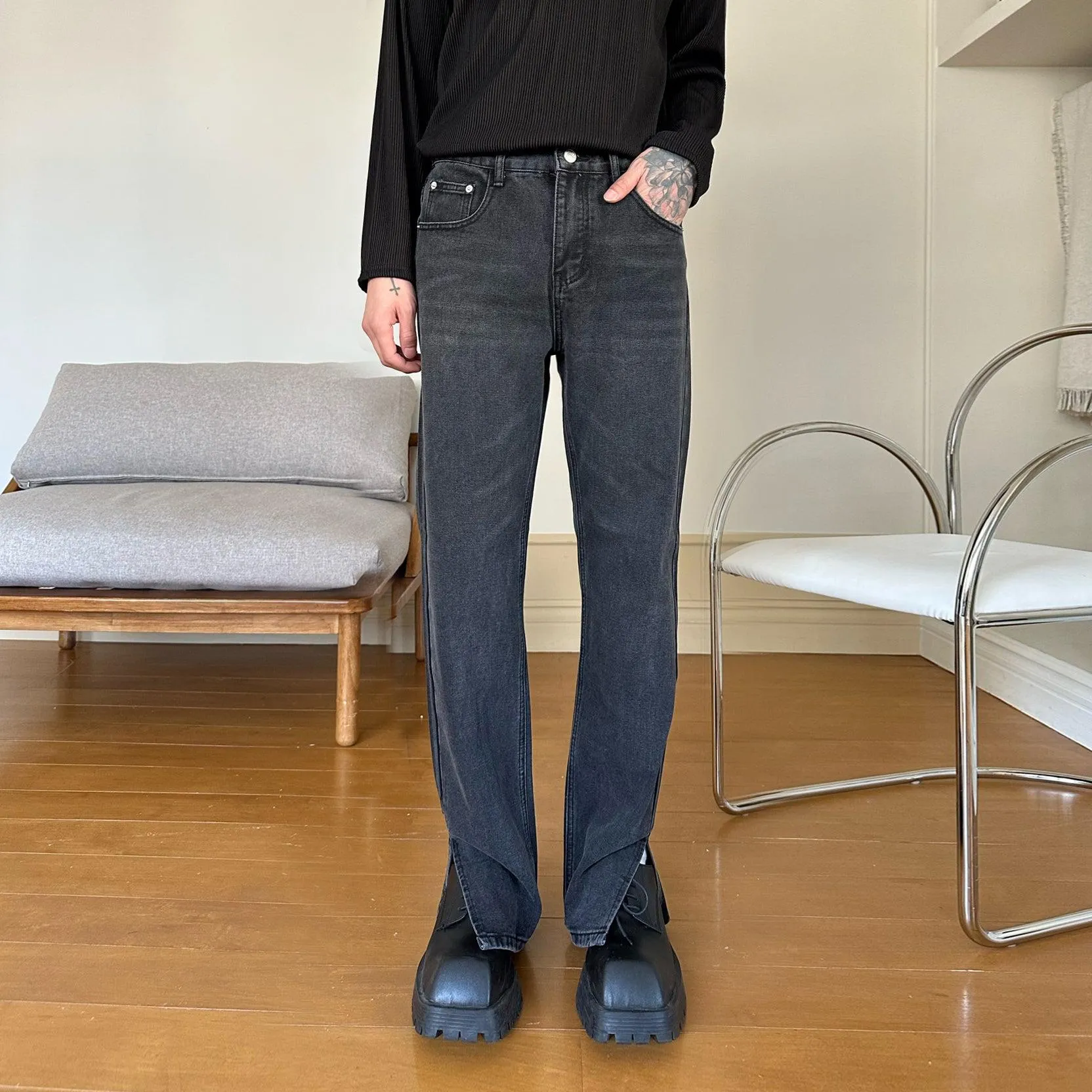 Side Slit Straight Leg Jeans